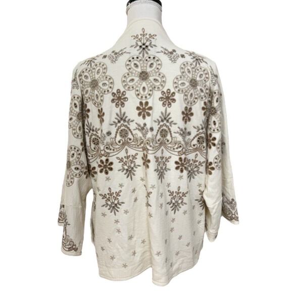 Johnny Was NEW Floral Embroidered Open Cardigan Jacket Cream Sz S Eyelet 3/4 slv - Picture 2 of 7